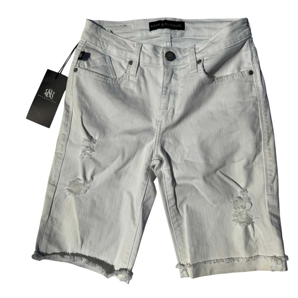 Rock & Republic White Distressed Mid Rise Denim Bermuda Shorts Frayed Cuffs
